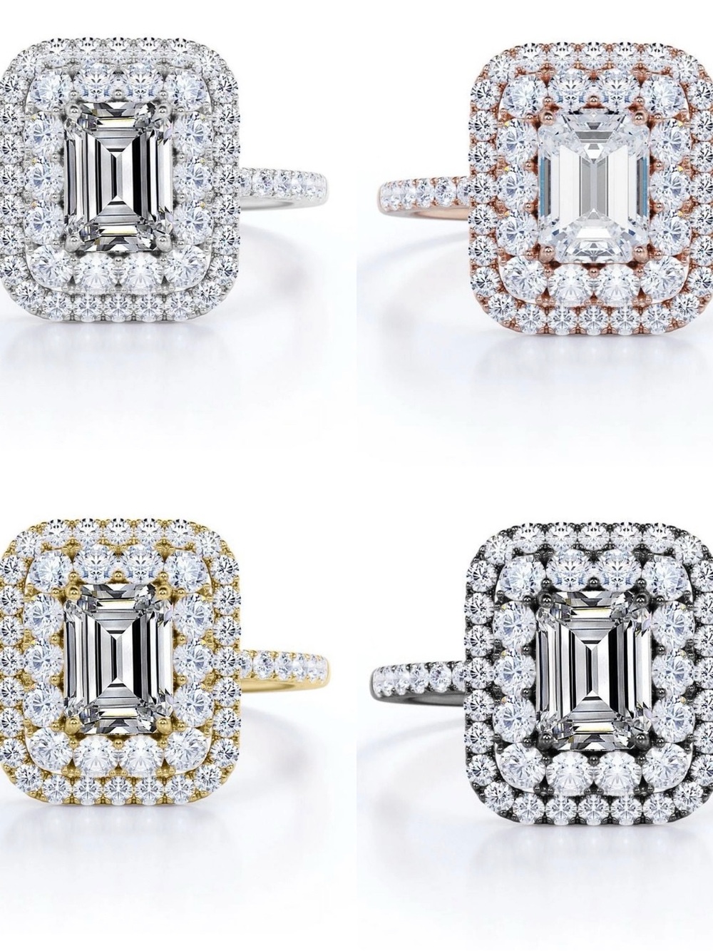 NWT-1.5 Carat Emerald Cut Double Halo Moissanite Cluster  Engagement Ring